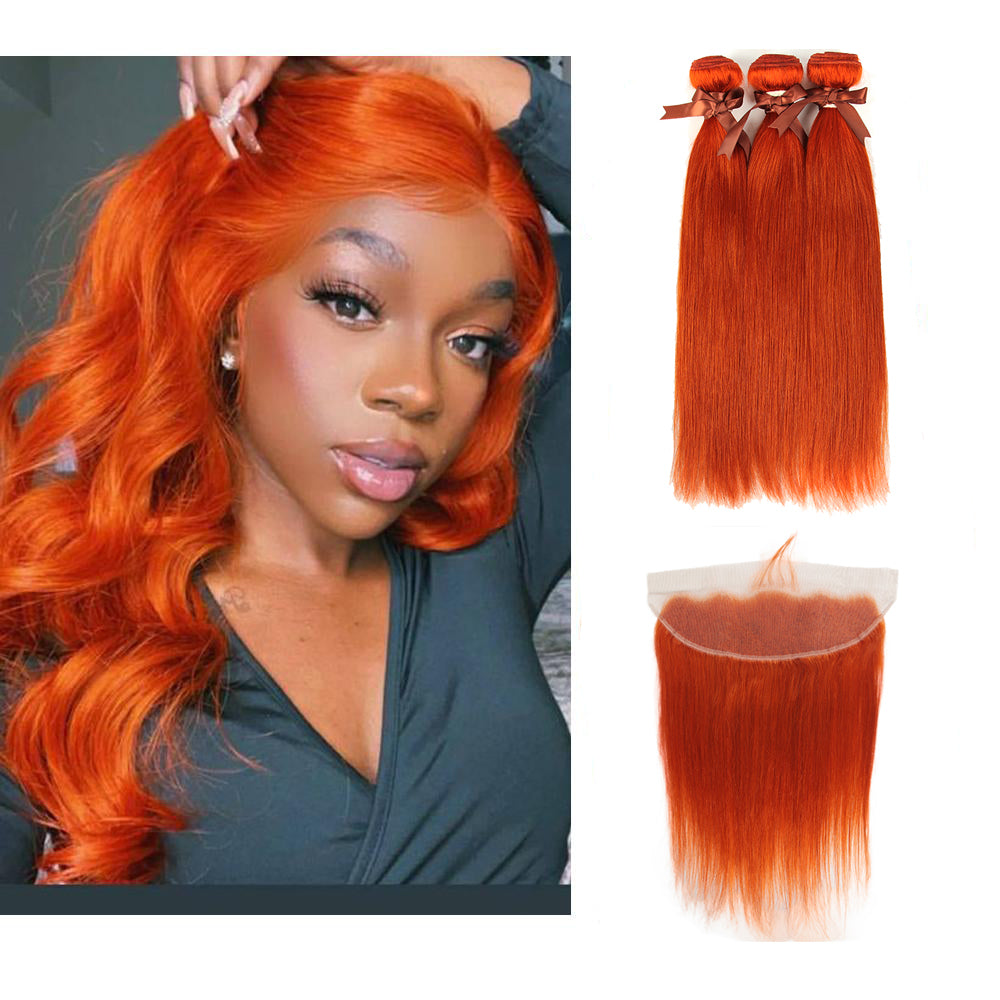 Queen Remy Human Hair Ginger Orange Color 3 Bundles with Closure Straight Hair Weave Orange Color