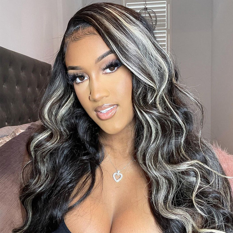 QVR Platinum Blonde Highlights Colored Wig 4x4/13x4 HD Transparent Lace Frontal Wig Mix Color Human Hair Wig
