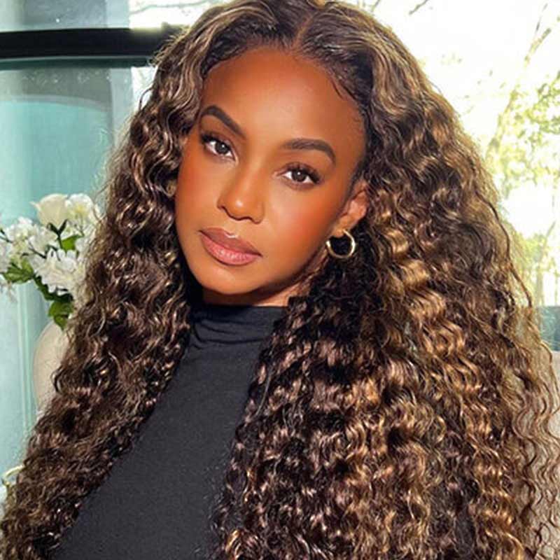 QVR Deep Wave Closure Wigs Human Hair Wigs 180% Density 4x4 Lace Closure Highlight Wigs Honey Blonde