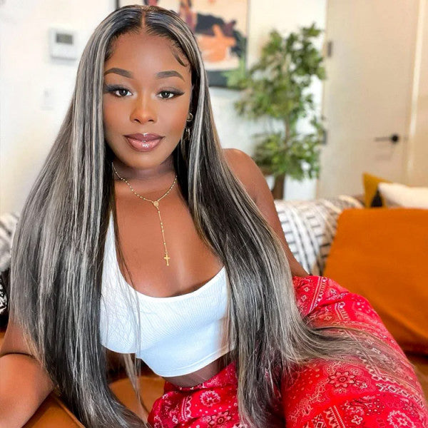 QVR Platinum Blonde Highlights Colored Wig 4x4/13x4 HD Transparent Lace Frontal Wig Mix Color Human Hair Wig