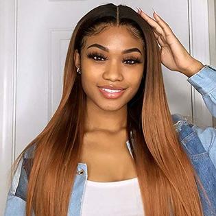 QVR Straight Hair 1B/30 Ombre Honey Brown Color Glueless 4x4 Lace Closure Wig 100% Virgin Human Hair Wigs