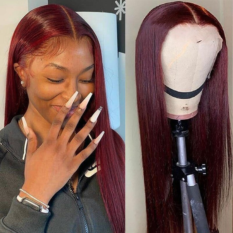 QueenVirginRemy  Colored Wigs 99J Straight 13x4 HD Lace Front Wigs Red Wine Color Virgin Human Hair Wigs 200% Density Glueless Wigs