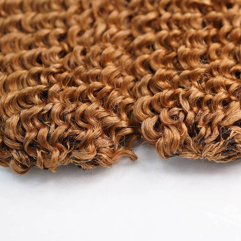 QVR Honey Blonde #27 Crochet Hair Small Kinky Curly Machine Made Feather Human Hair Extension