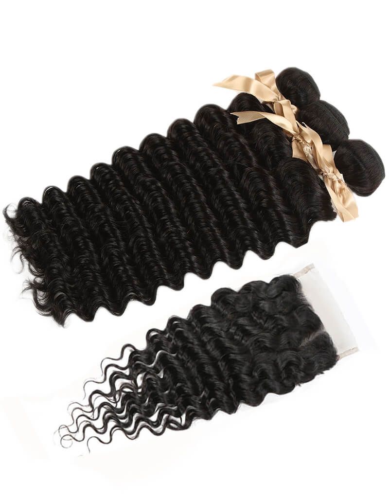 QVR Queen Remy 3 Bundles  Deep Wave Bundles with Closure Peruvian Hair Bundles with Closure Remy 100% Human Hair Bundles with Frontal