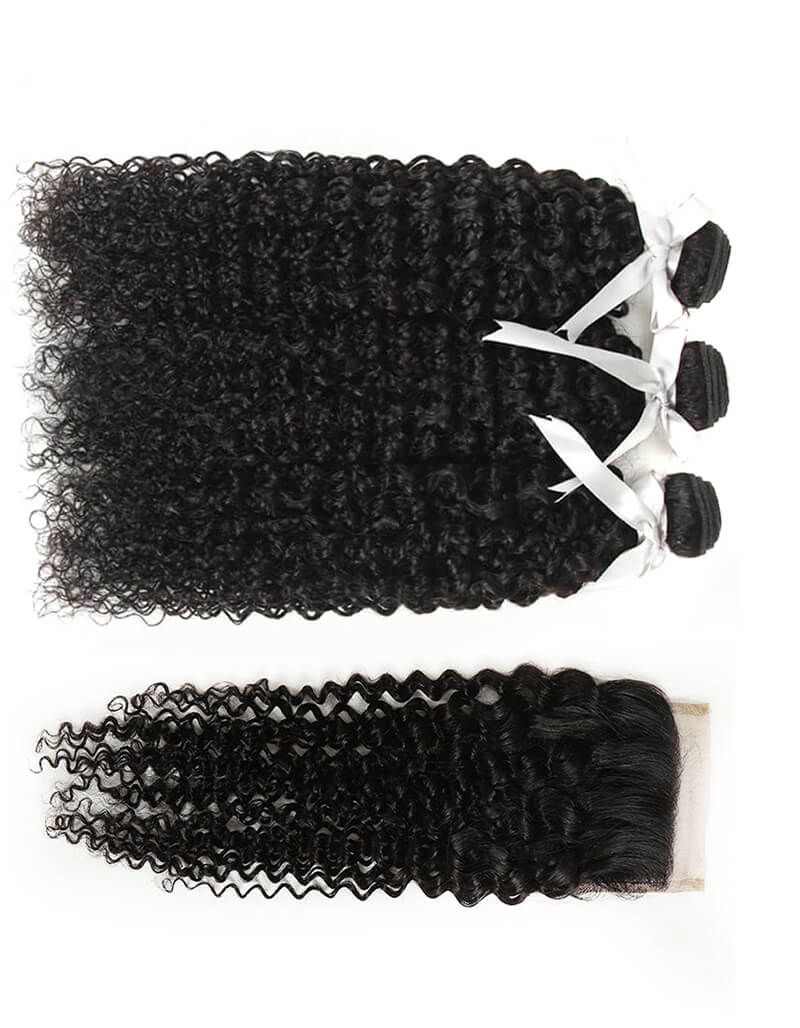 Remy Jerry Curl  Human Hair Natural Black  3/4 Bundles With 4x4 Lace Closure