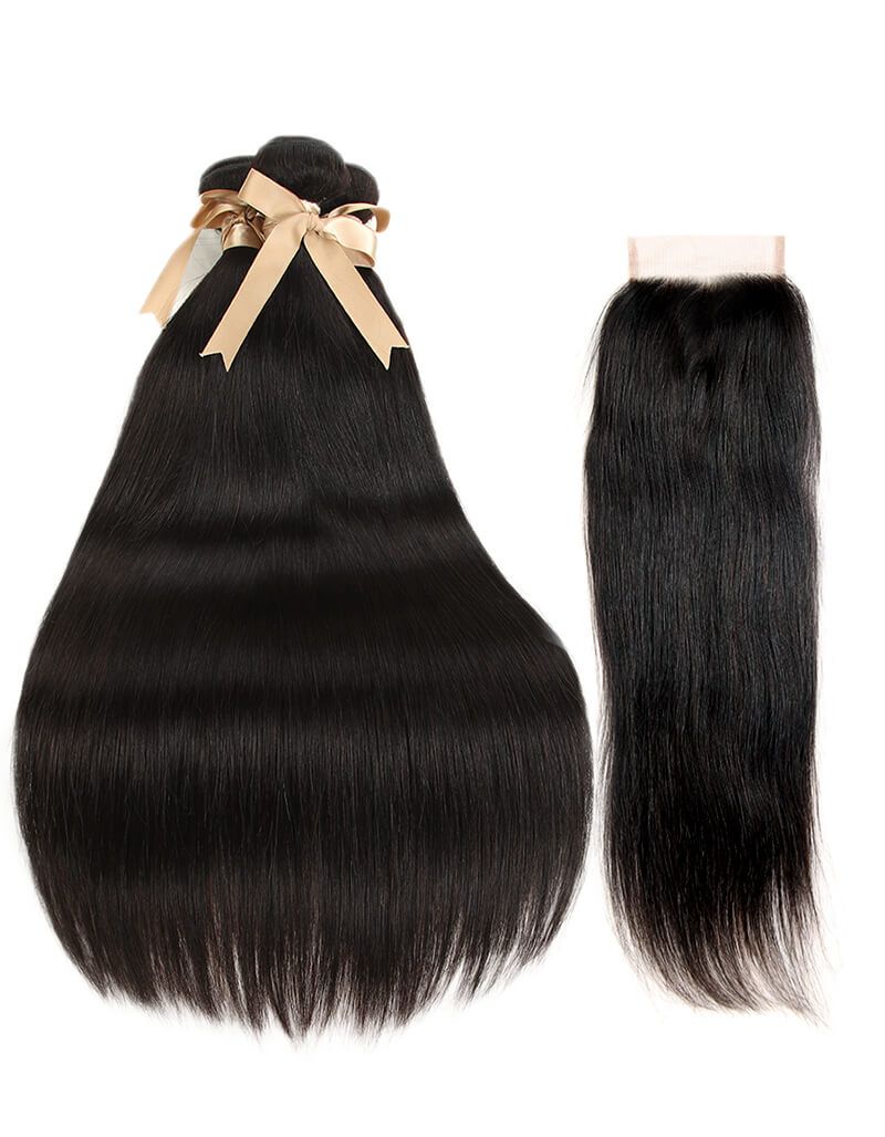 QVR Remy Human Hair Straight Hair Weave 3 Bundles With 4x4 Lace Closure
