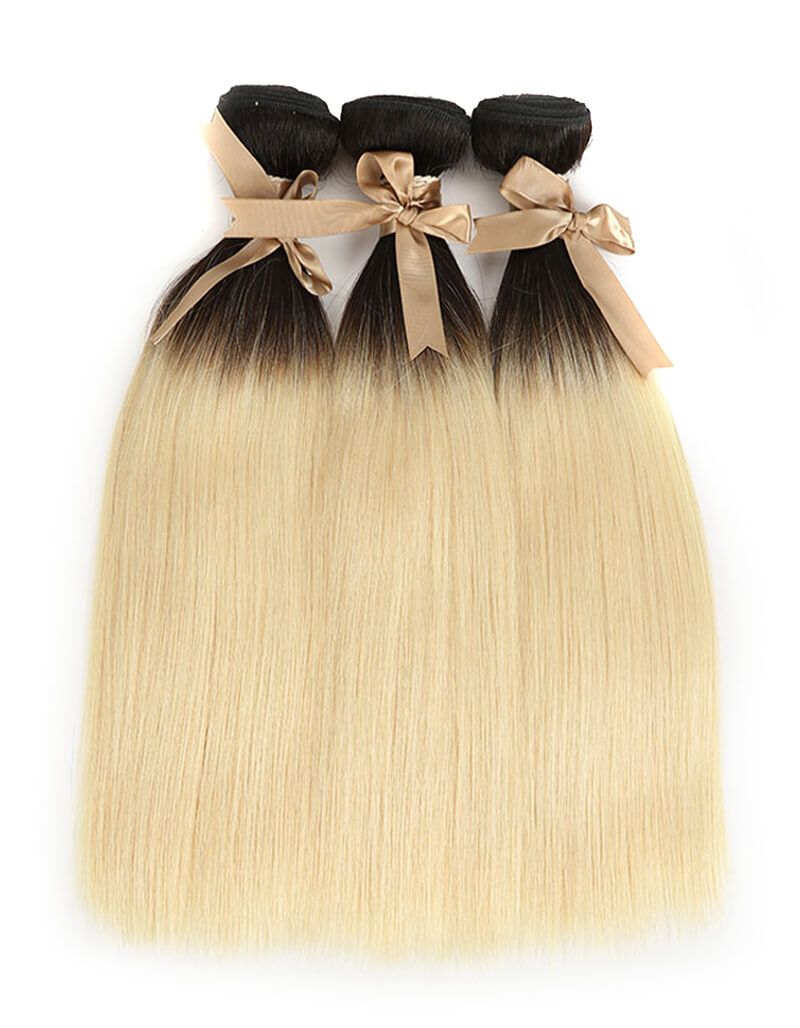 QVR Remy Human Hair 3 Bundles Straight Hair T1B/613