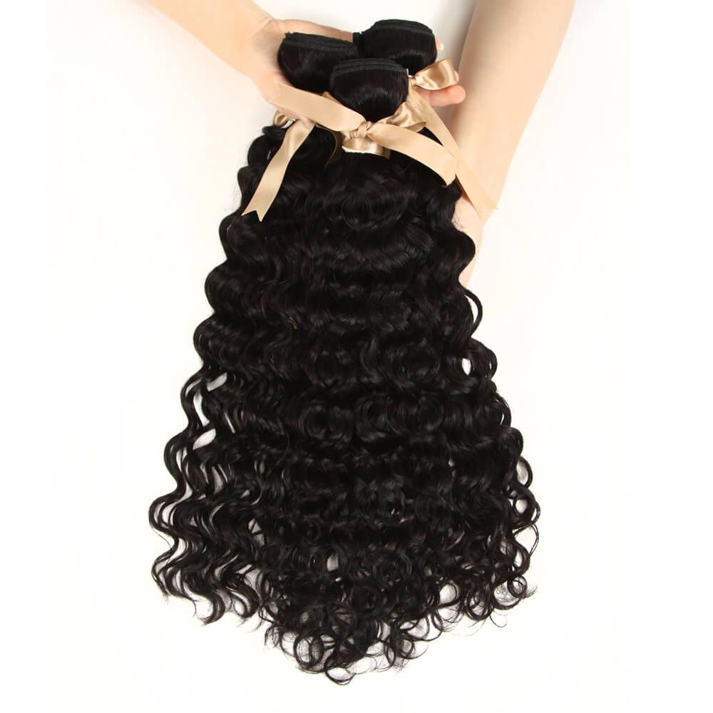 QVR Remy 3 Bundles Natural Black Water Wave With 4x4 Lace Closure