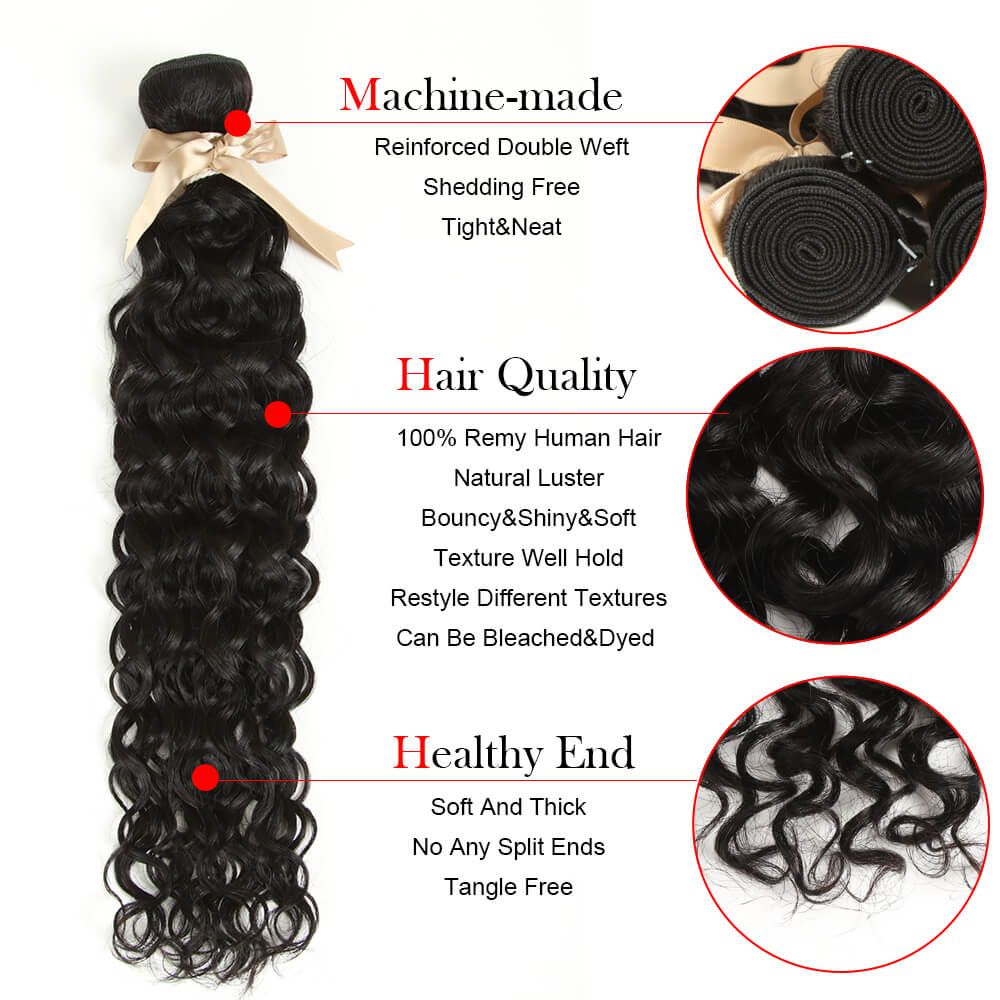 QVR Remy 3 Bundles Natural Black Water Wave With 4x4 Lace Closure
