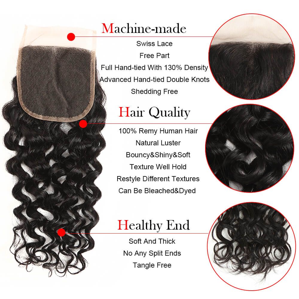 QVR Remy 3 Bundles Natural Black Water Wave With 4x4 Lace Closure