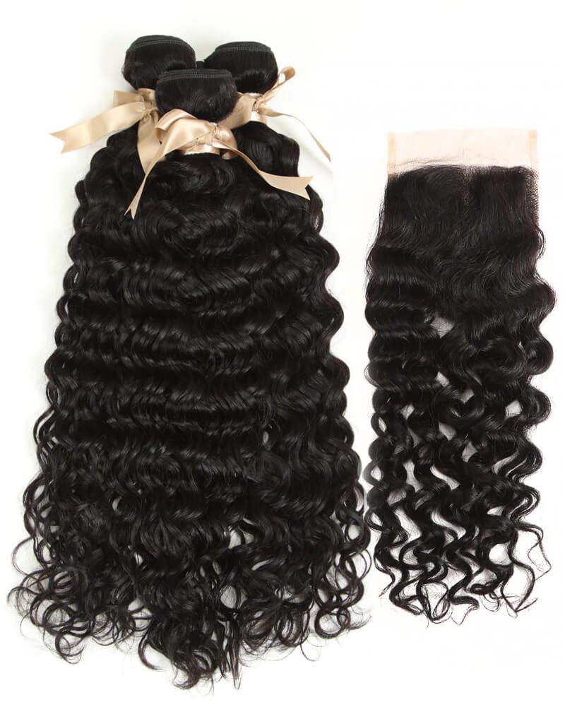 QVR Remy 3 Bundles Natural Black Water Wave With 4x4 Lace Closure