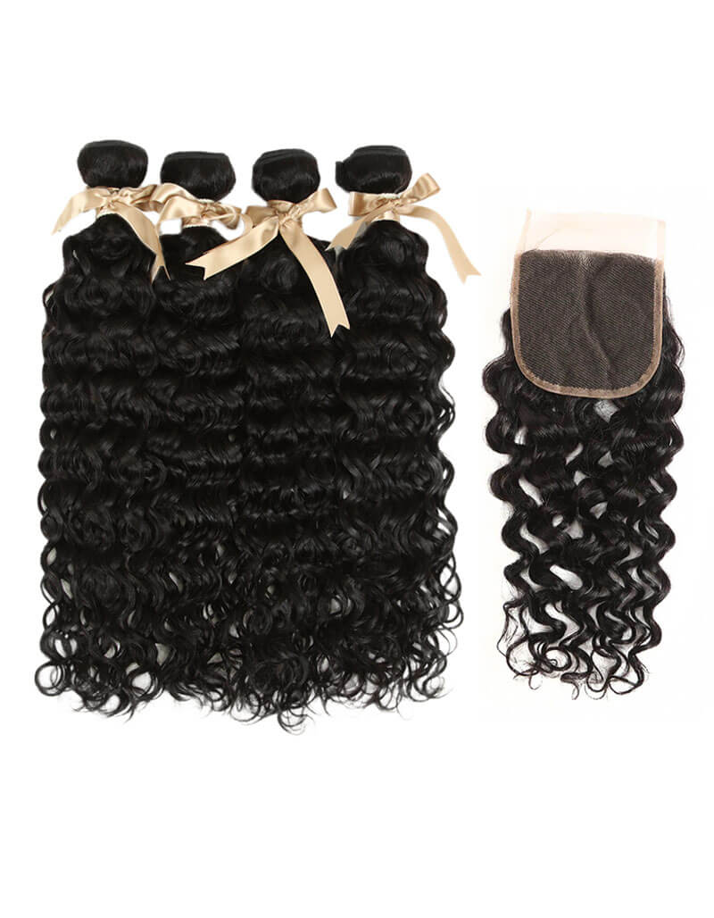 Queen Remy Human Hair Bundles Water Wave 4 Bundles With 4x4 Lace Closure