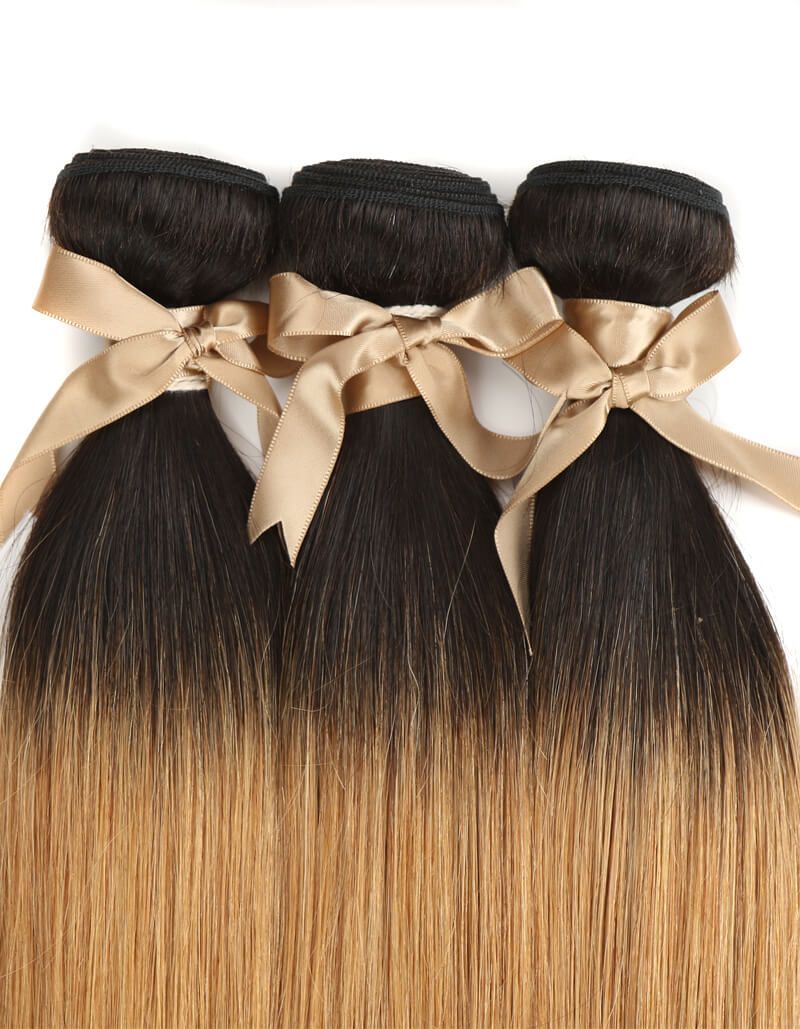 QVR Remy Human Hair 3 Bundles Straight Hair T1B/27
