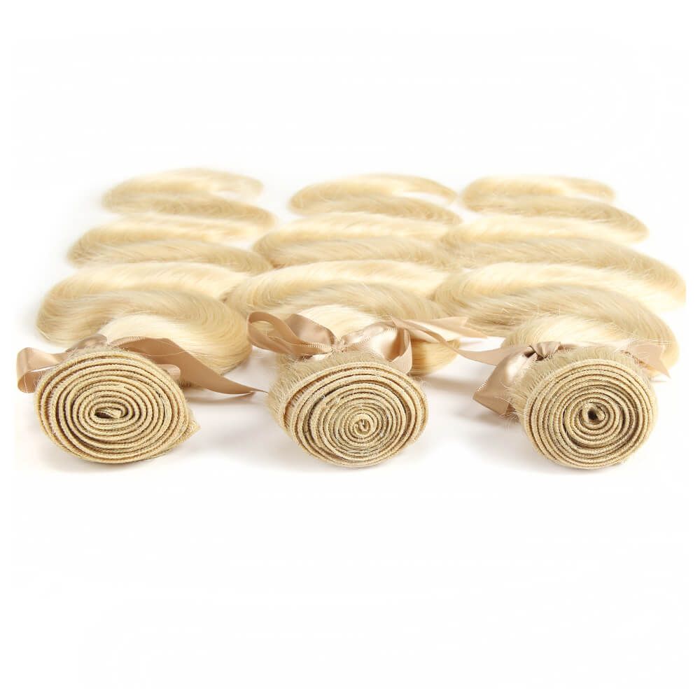 QVR Remy Human Hair Blonde Hair Body Wave 3 Bundles With 4x4 Lace Closure 613