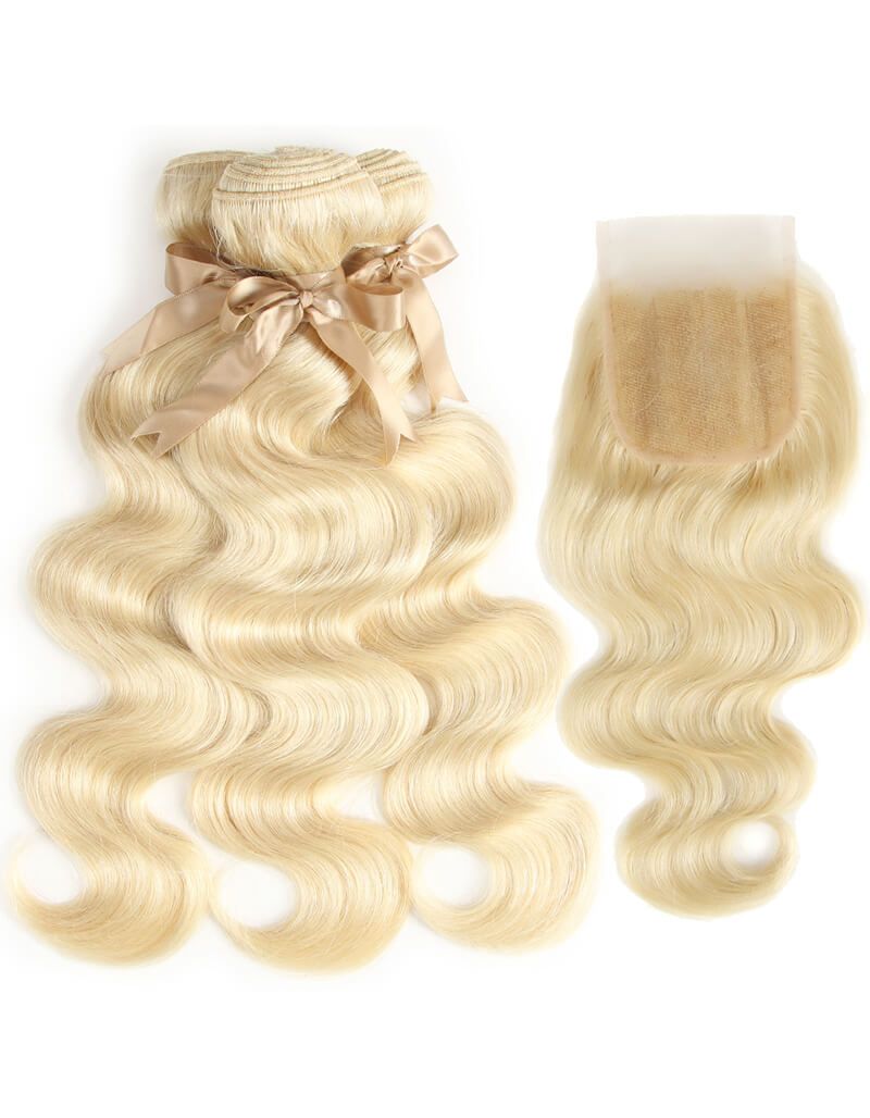 QVR Remy Human Hair Blonde Hair Body Wave 3 Bundles With 4x4 Lace Closure 613