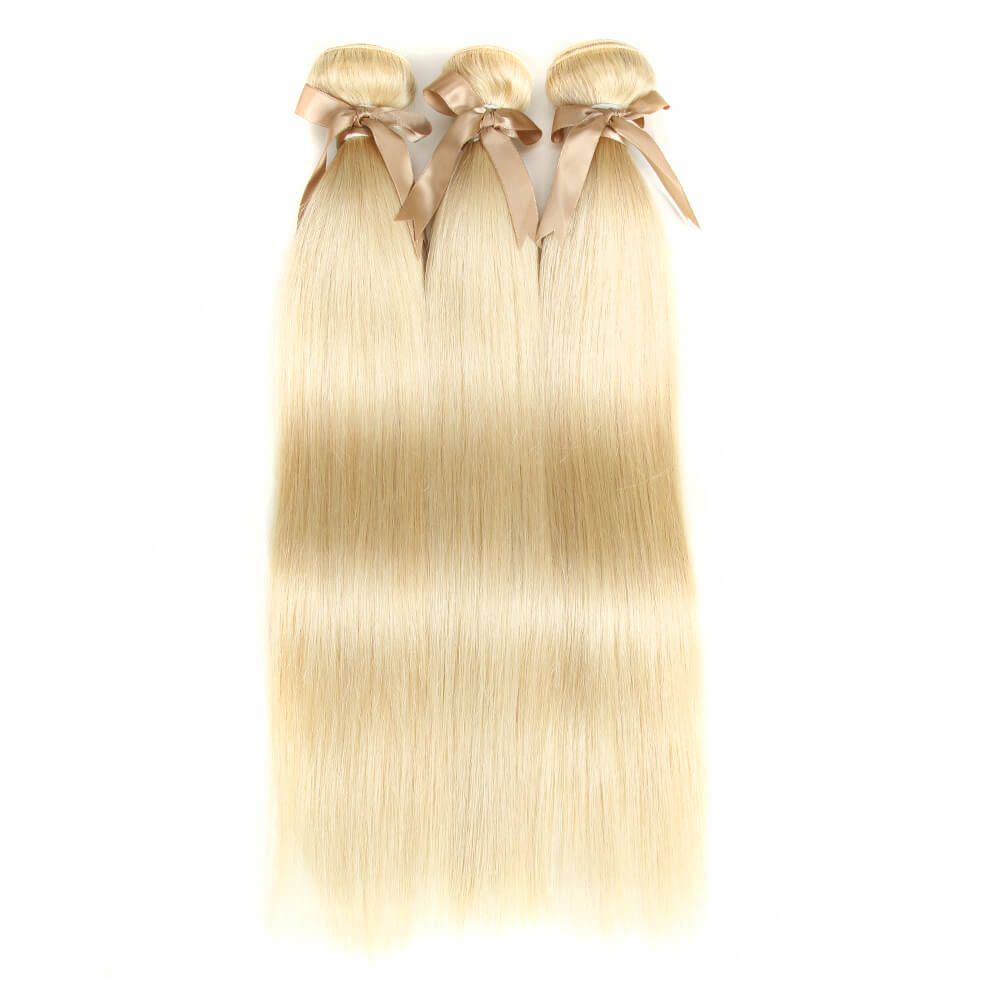 QVR Remy Human Hair Blonde Straight Hair 3 Bundles 613