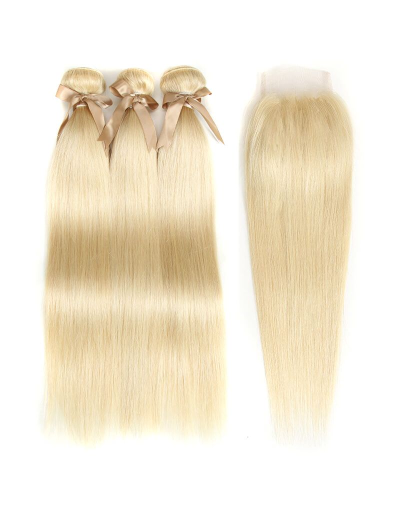 QVR Remy Human Hair Blonde Straight Hair 3 Bundles With 4x4 Lace Closure 613