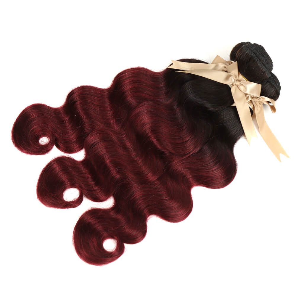 QVR Remy Body Wave Human Hair Bundles With Closure 1B Burgundy Remy Peruvian Dyed Omber 3 Bundles With Frontal 4x4 Brazilian Human Hair