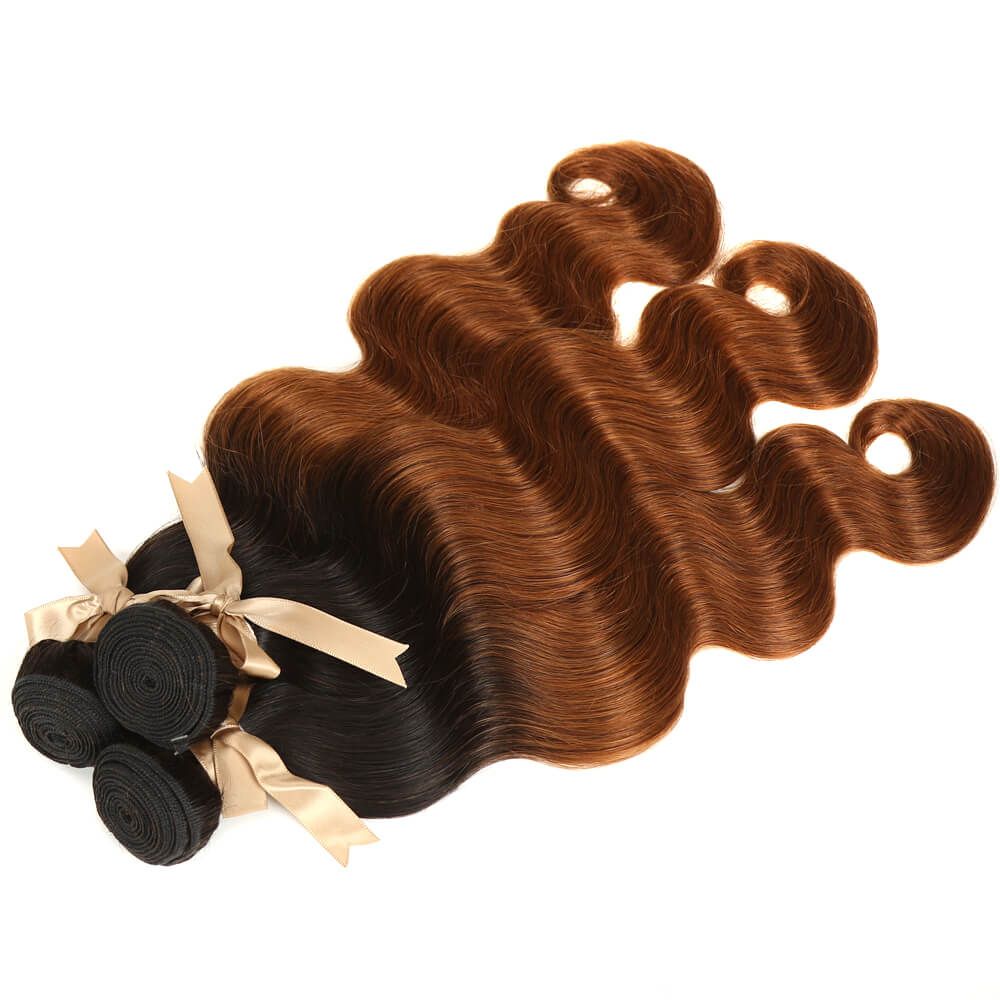 QVR Remy Human Hair 3 Bundles Ombre Brown Body Wave Hair T1B/30