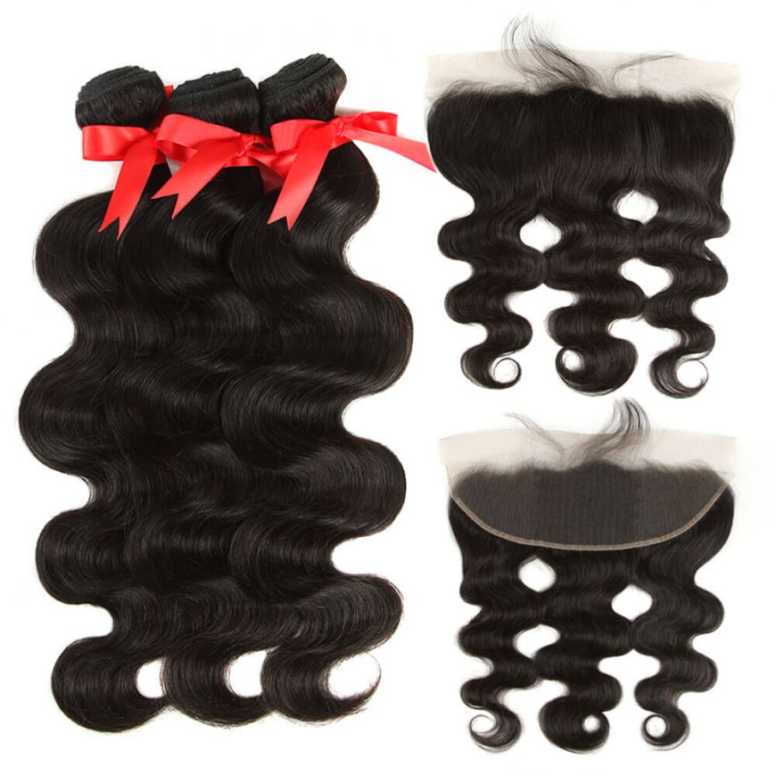Virgin Human Hair Body Wave 3 Bundles with 13*4 Lace Frontal Closure