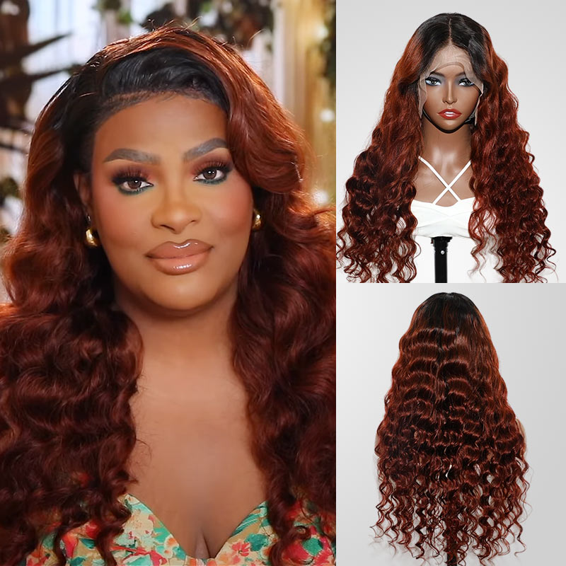 QVR 1B/33 Glueless Affordable Loose Deep Wave 4x4/5x5 Lace Closure Ombre Reddish Brown Colored Wigs