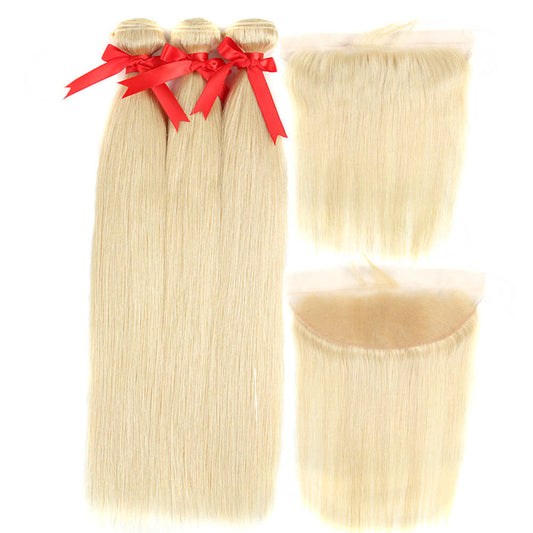 QVR Virgin Human Hair Blonde Straight 3 Bundles With 13*4 Lace Frontal