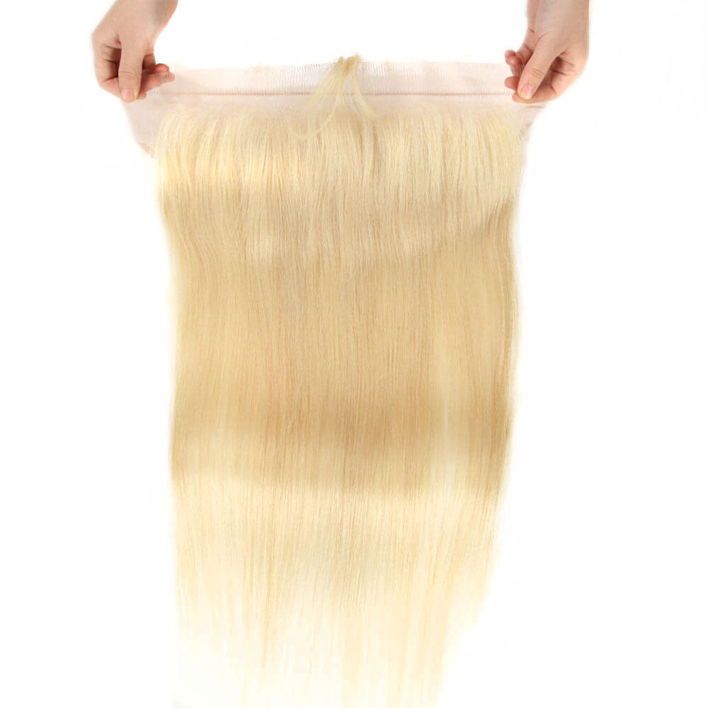 QVR Virgin Human Hair Blonde Straight 3 Bundles With 13*4 Lace Frontal