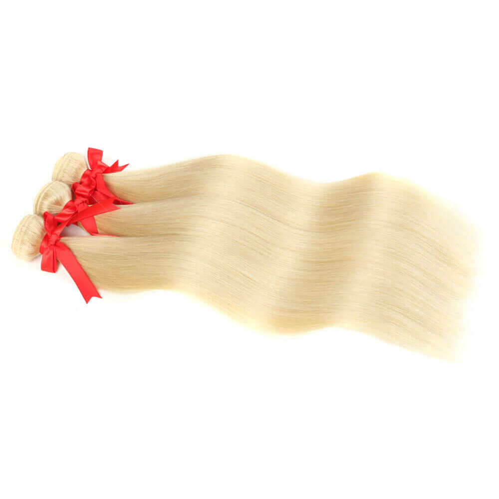 QVR Virgin Human Hair Blonde Straight 3 Bundles With 13*4 Lace Frontal
