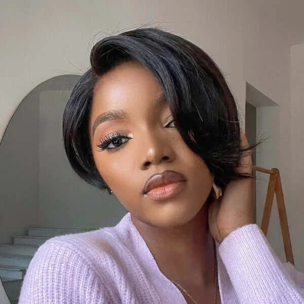 QVR Mature Lady Natural Black Pixie Cut Short Wig 100% Human Hair