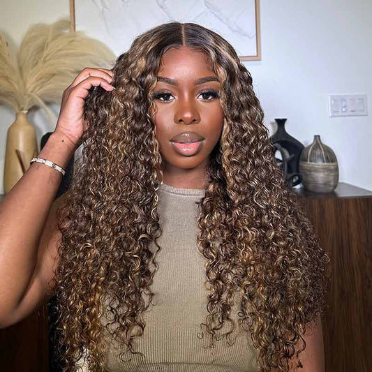 QVR Balayage Funmi Curly Glueless 5x5 Lace Closure Wig Brown Highlights Human Hair Wigs