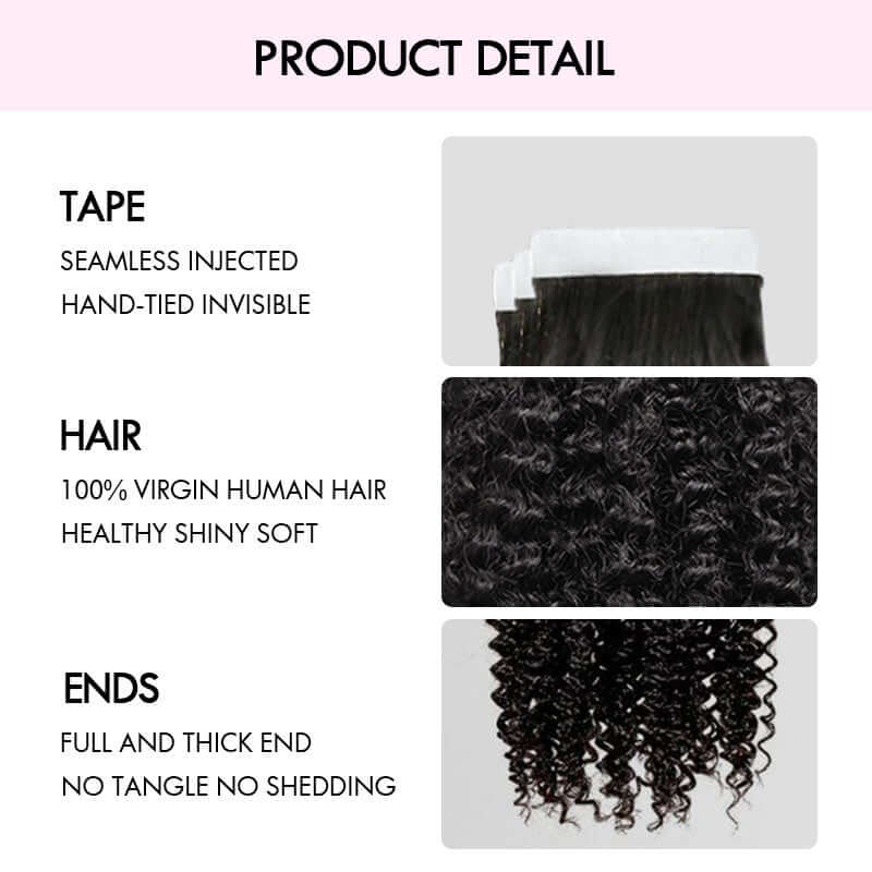QVR Seamless Afro Kinky Curly Tape in Hair Extensions Natural Black Human Hair