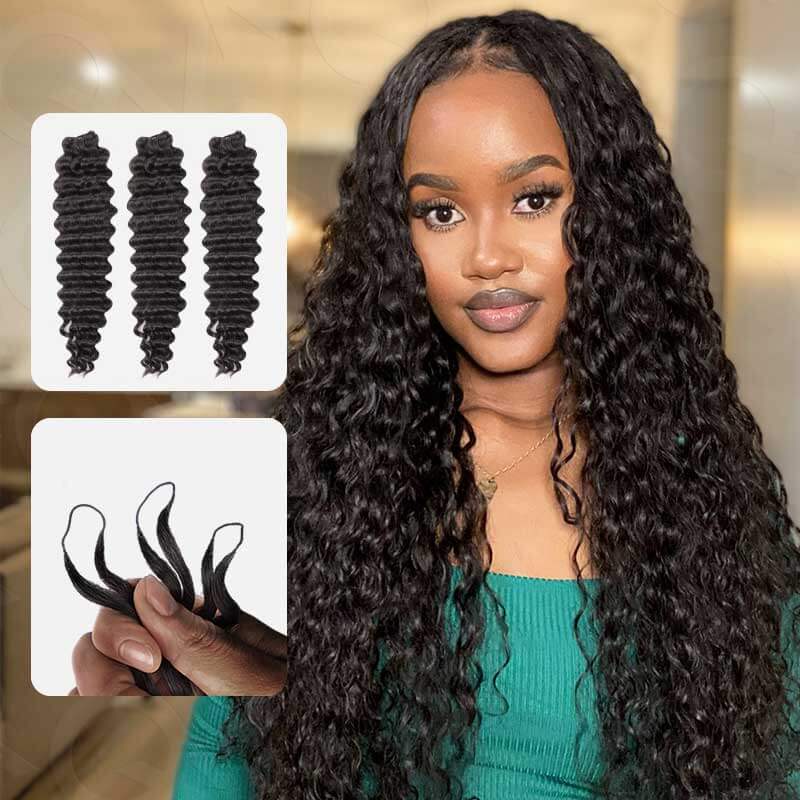 QVR Seamless Deep Curly Handmade Feather Crochet Braid Natural Black Human Hair Extensions