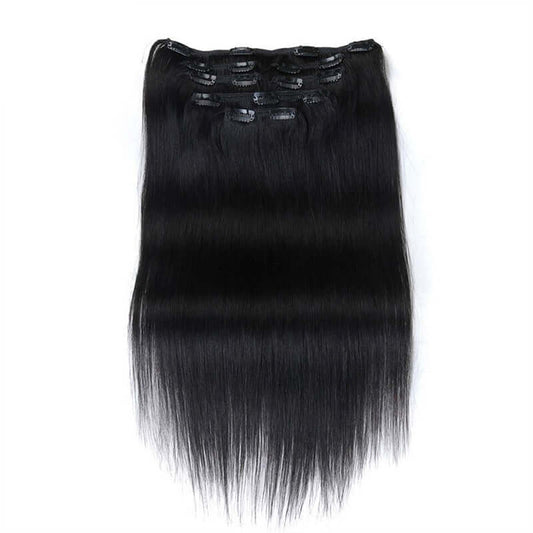 QVR Straight 7Pcs Clip in Virgin Human Hair Extensions Brazilian Natural Black Color Hair