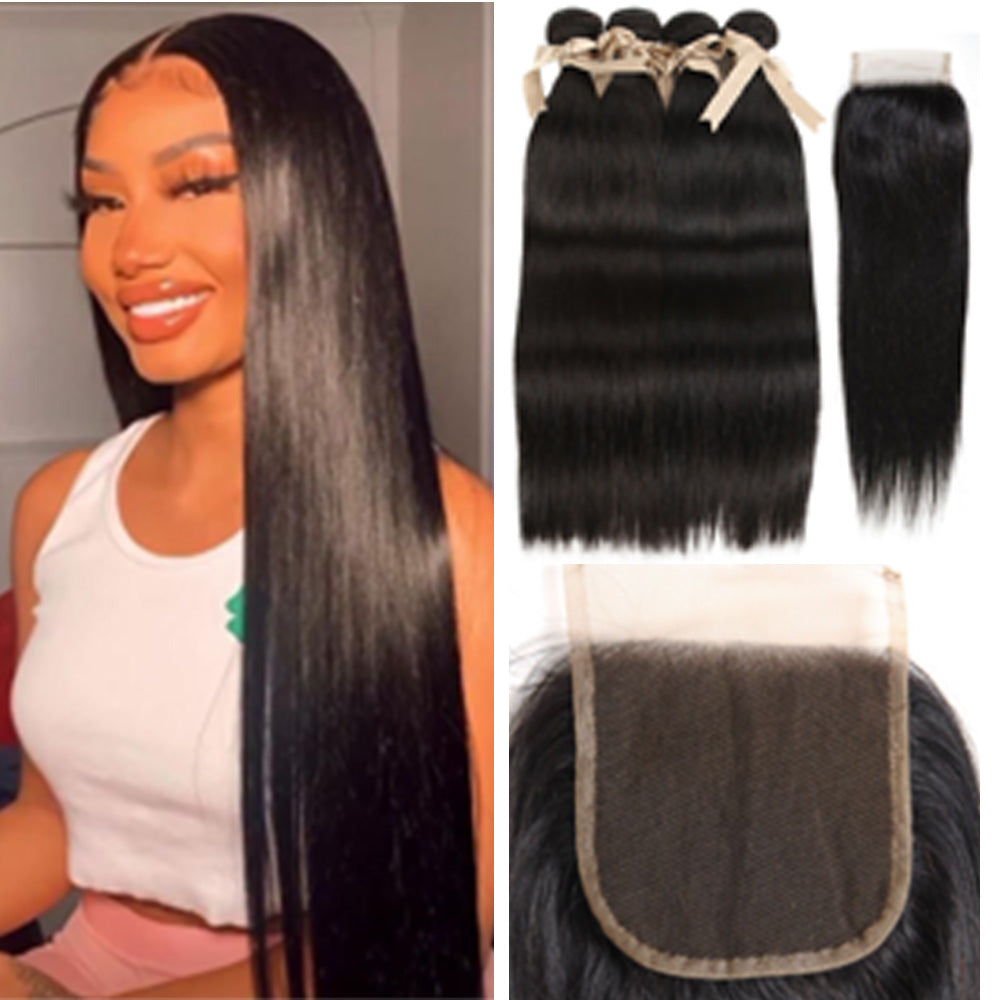 QVR Remy Human Hair Straight Hair 4 Bundles With 4x4 Lace Closure Natural Color