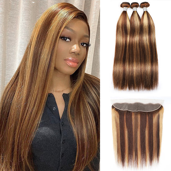 Highlight Hair 3 Bundles with HD Lace Frontal Closure Indian Straight Human Hair