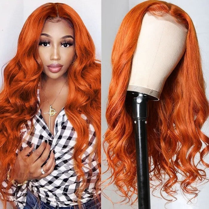 QVR Orange Ginger Body Wave 5x5 Lace Closure Wig Colored 13x4 Lace Front Human Hair Wigs 210% Density
