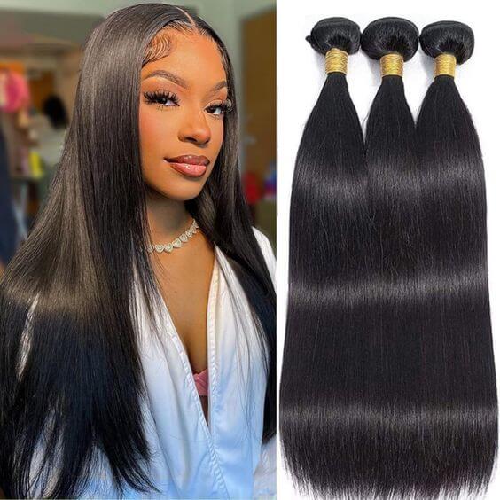 QVR Unprocessed Silk Straight Human Hair Bundles 3 Bundles Natural Color Hair Weave