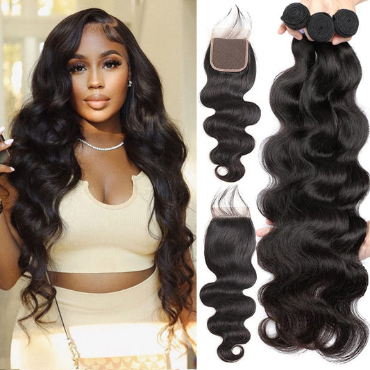 QVR Body Wave Bundles With Closure Virgin Brazilian Hair Weave 3 Bundles With Closure Natural Color 40