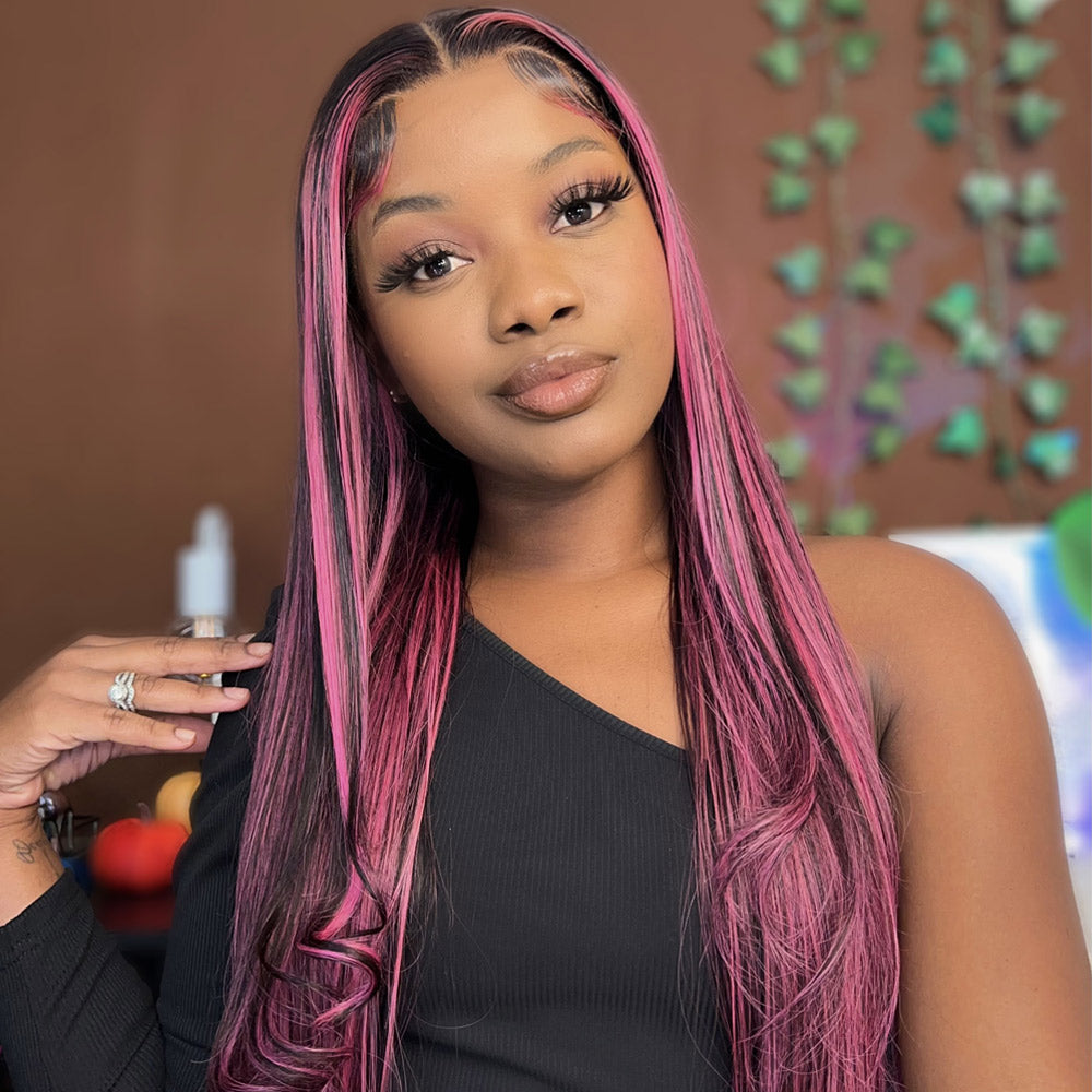 Lace Front Wig Black Hair With Purple Highlights Straight/Body Wave Human Hair Wigs