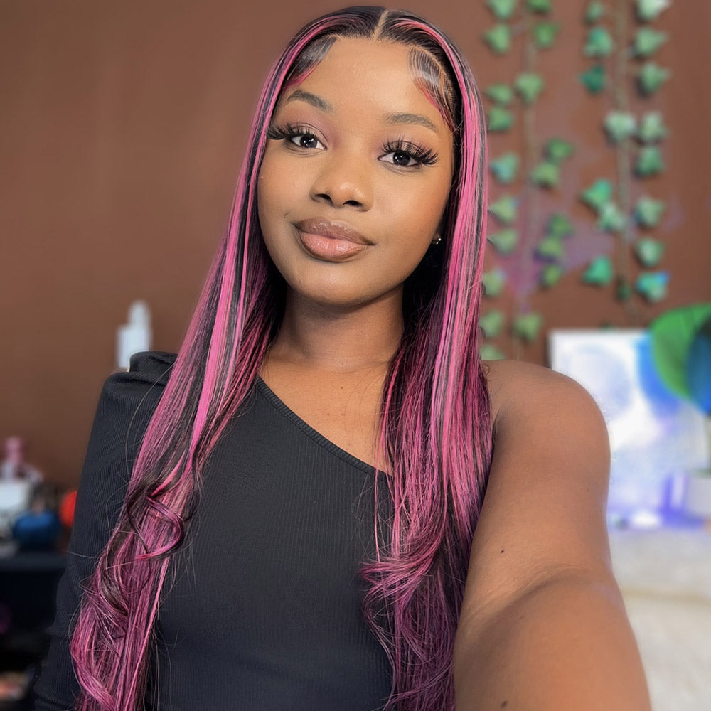 Lace Front Wig Black Hair With Purple Highlights Straight/Body Wave Human Hair Wigs