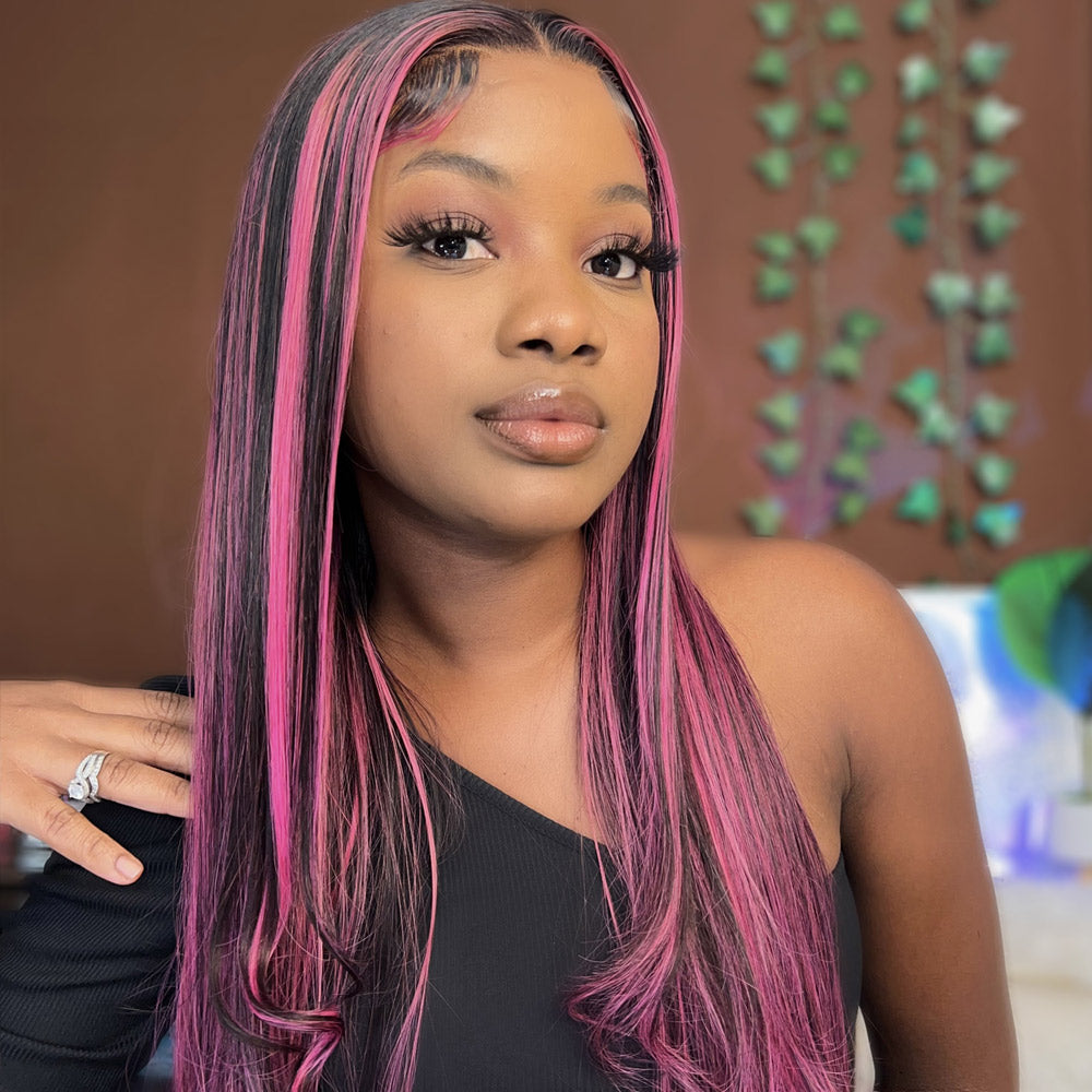 Lace Front Wig Black Hair With Purple Highlights Straight/Body Wave Human Hair Wigs